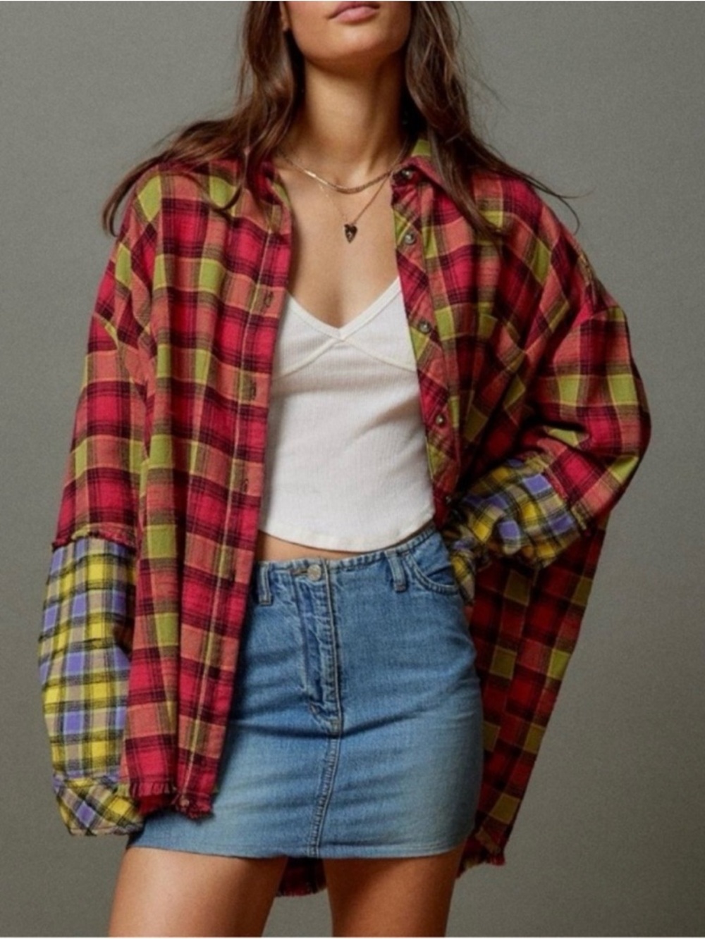 BDG Plaid Flannel Shirt Womens S Pink Green Patchwork Boho Streetwear Frayed Hem